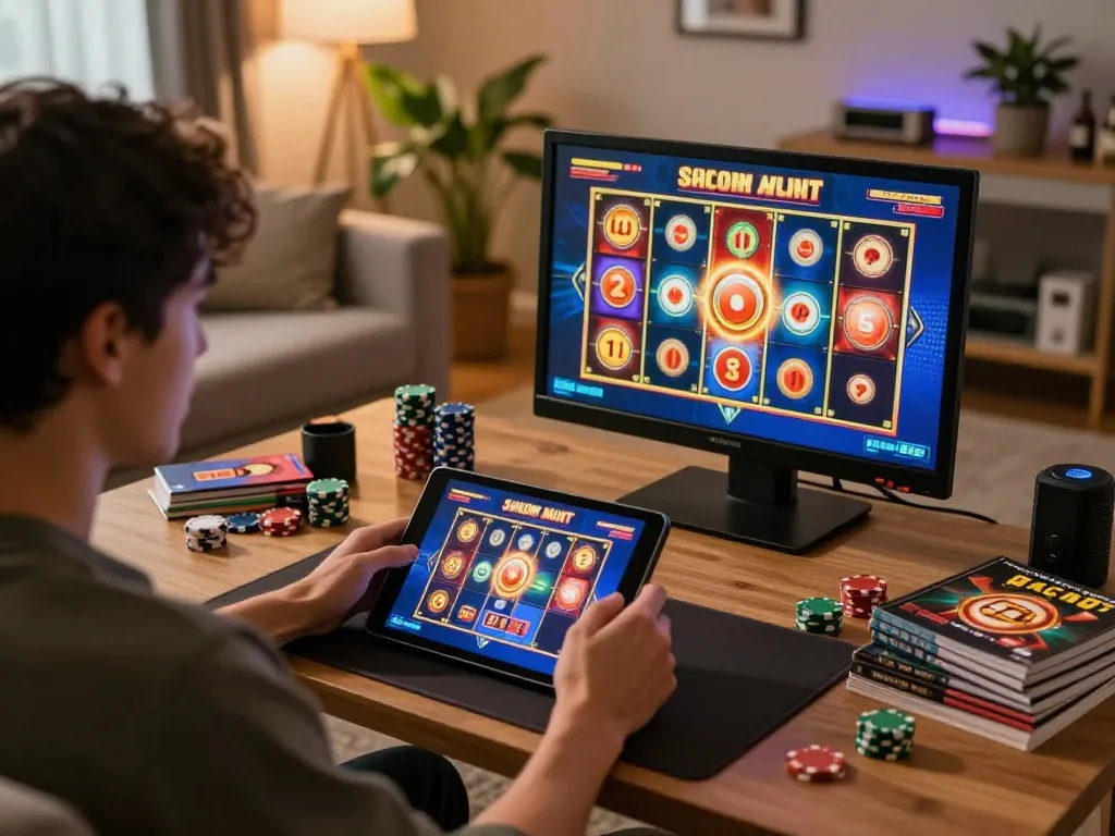 Engaging gameplay on a tablet featuring slot gacor in a cozy home setting with vibrant visuals.