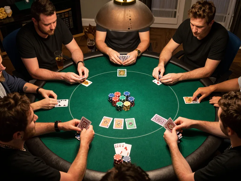 Players engaged at a lively home poker night focused on rr88 game strategy with colorful chips and cards