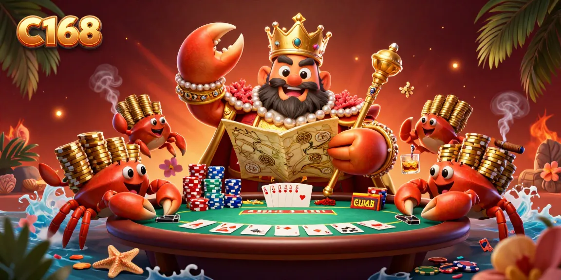 C168's golden crab emperor leads a vibrant gambling scene packed with poker chips and colorful game elements.