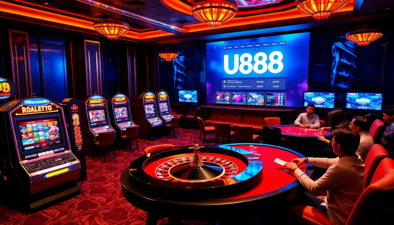 U888 casino scene featuring vibrant slot machines and poker players immersed in action.