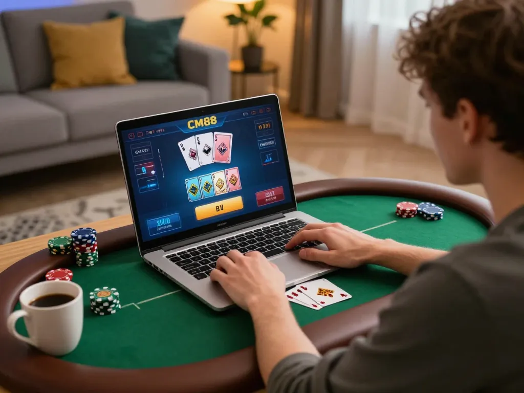 CM88 poker gameplay on a laptop with chips and cards visible, showcasing a relaxed home gaming atmosphere.