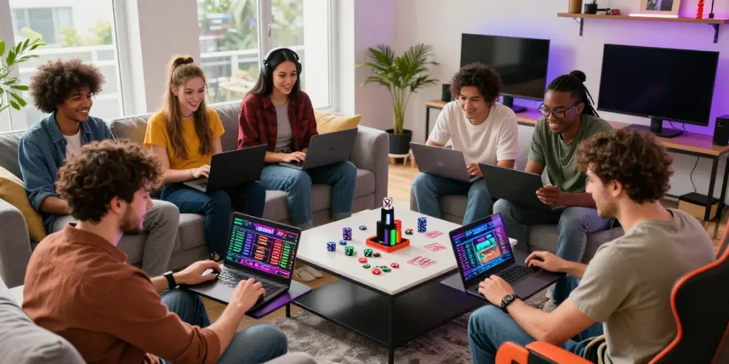 Exciting scene of friends on the Wolfbet Promotions Page, enjoying online casino games together in a vibrant living space.