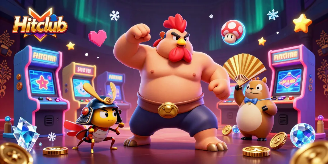 Hitclub offers thrilling gameplay with colorful arcade elements and unique characters in an engaging casino scene.