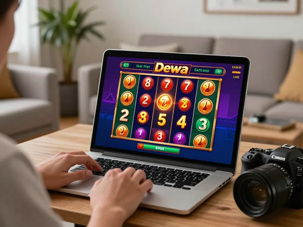 Player enjoying slot dewa gaming experience on laptop, showcasing excitement and strategy in home setting.
