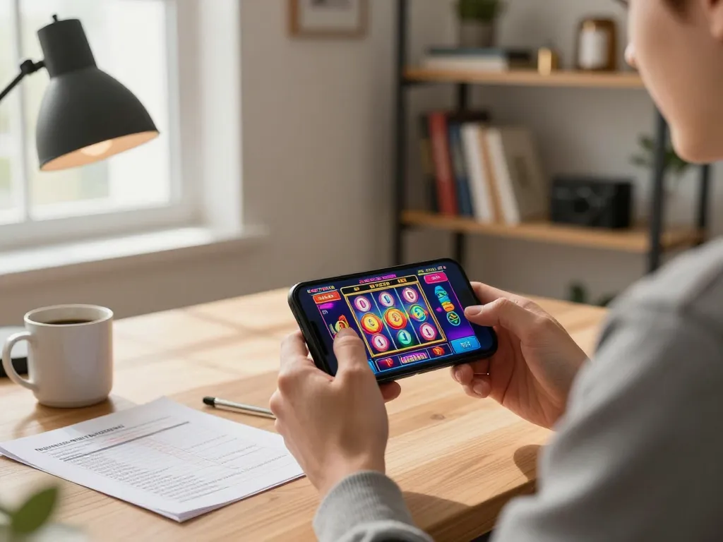 Engagement in mobile gambling on bem88 app showcases winning slot machine gameplay in a modern home.