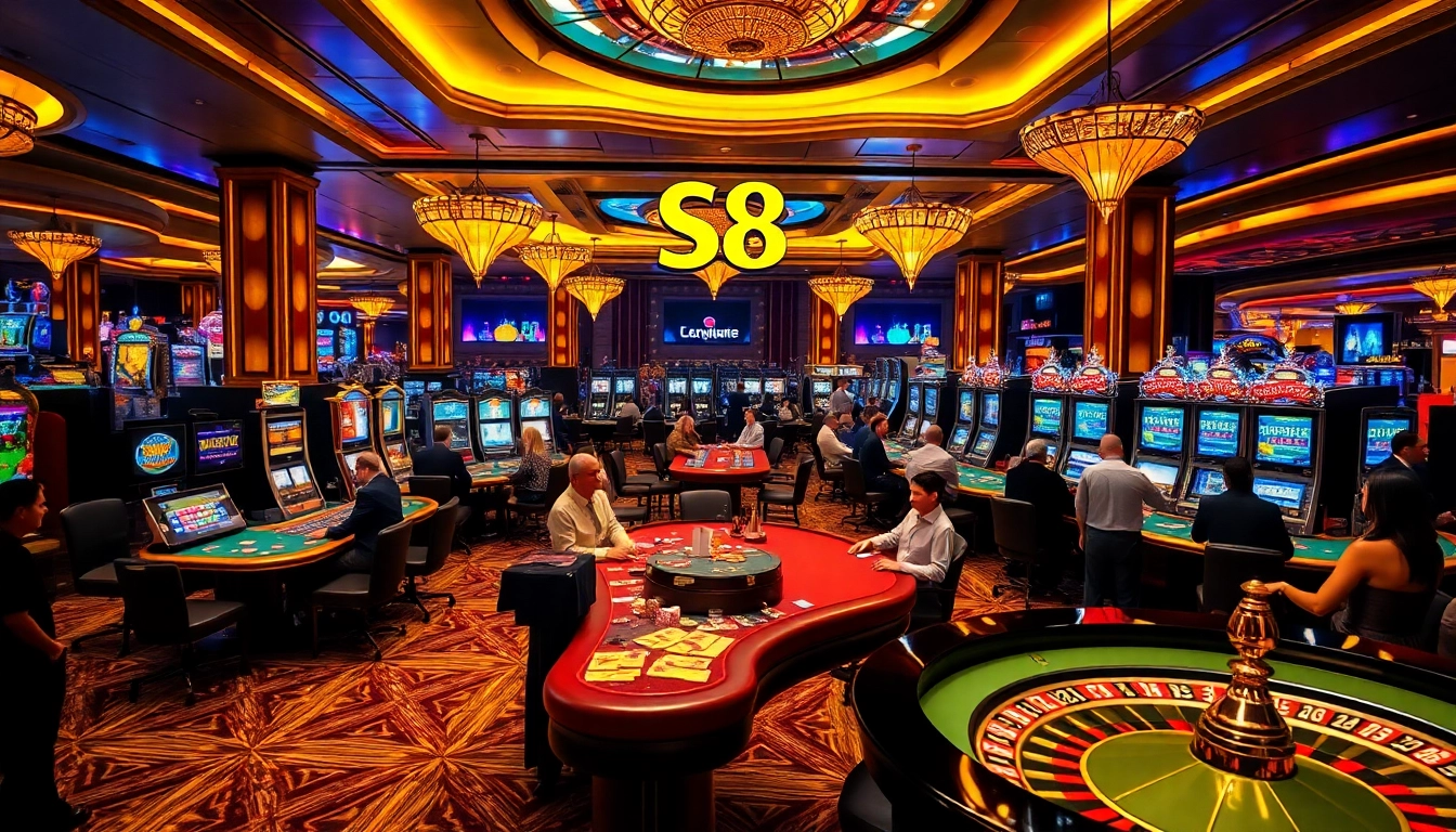S8 casino gaming scene with vibrant tables, luxury décor, and engaged players.