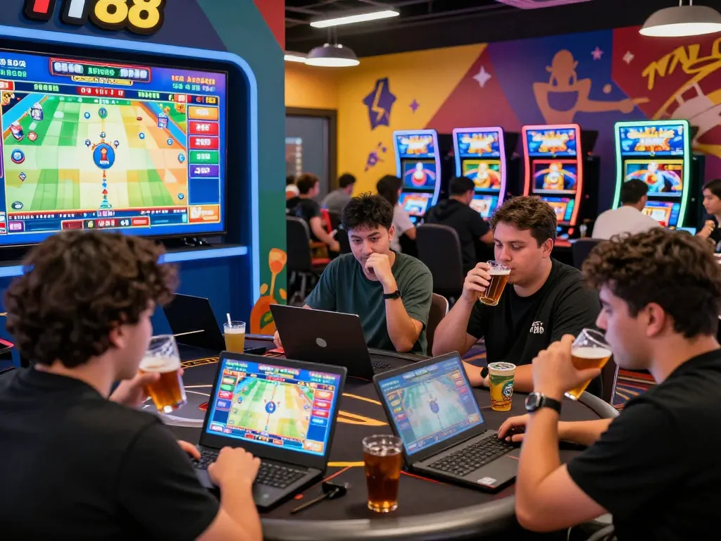 Players enjoying the excitement of online betting at TT88, engaging with vibrant game interfaces and celebrating wins.