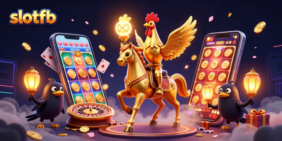 Slotfb menampilkan ilustrasi kasino dengan ayam jantan emas dan elemen permainan slot futuristik.