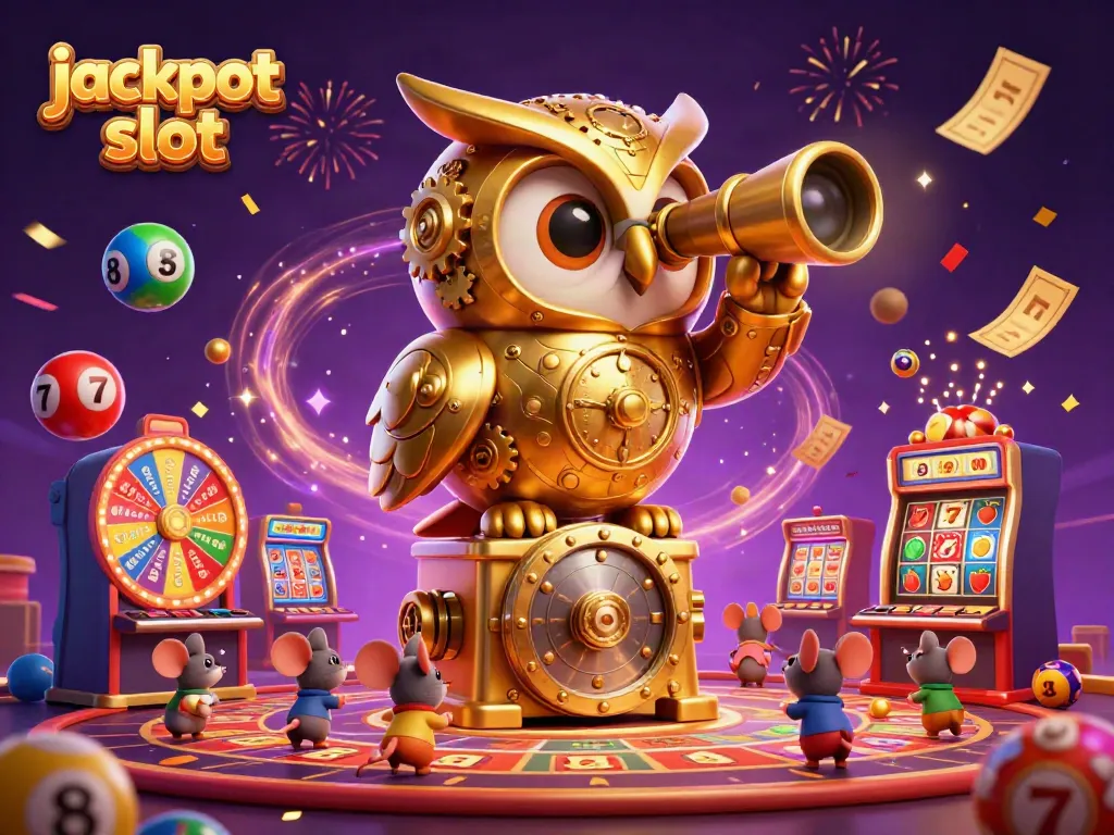 Engage in Jackpot Slot excitement with golden owl perched atop machinery amidst vibrant casino action.