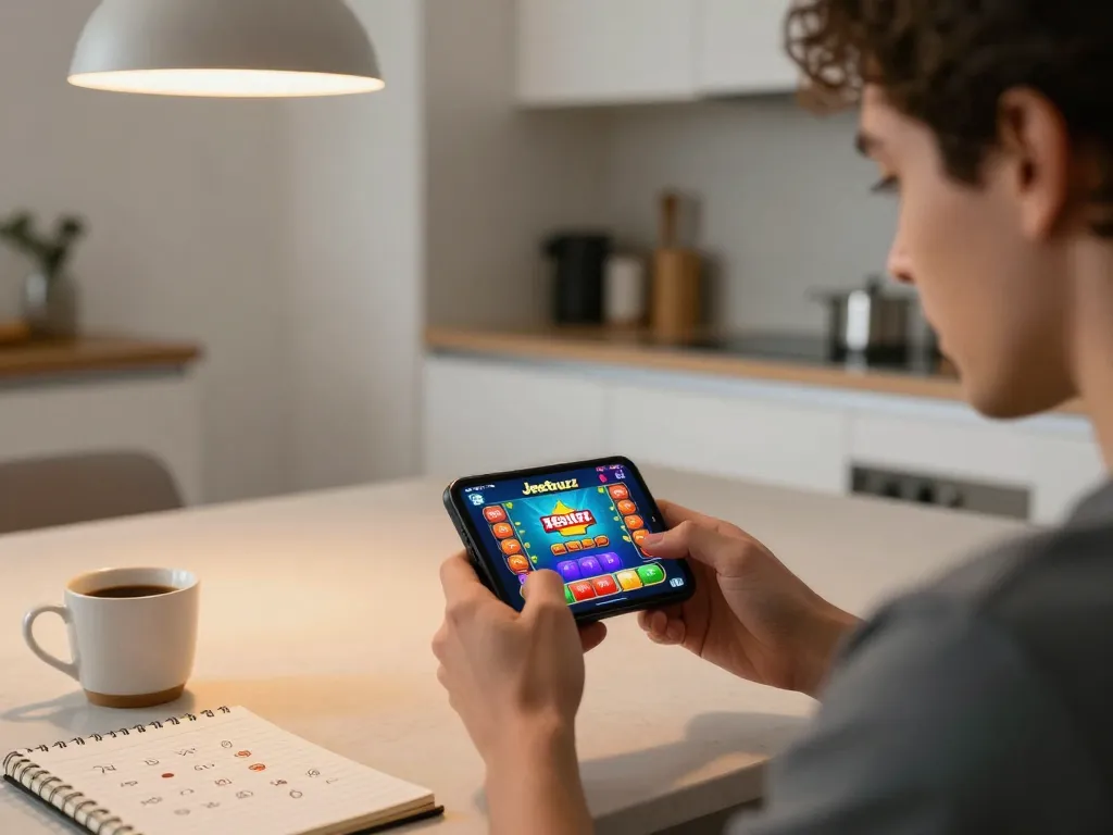 Engaged user playing on the Jeetbuzz App, showcasing a smartphone interface in a modern kitchen.