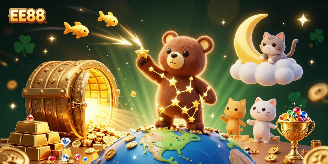 Experience the excitement of EE88 with cartoon stars and golden treasures in a magical casino scene.