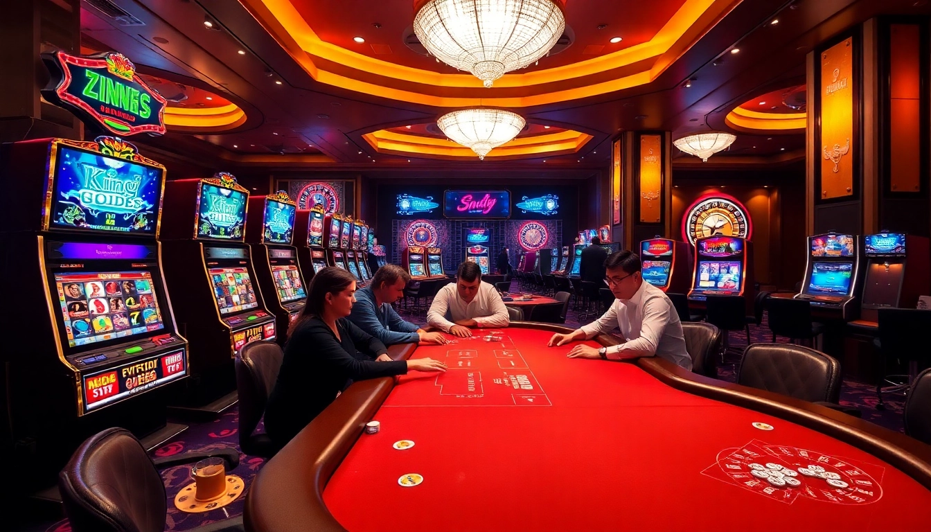 Experience the excitement of gambling at King88 casino with vibrant game tables and slot machines.