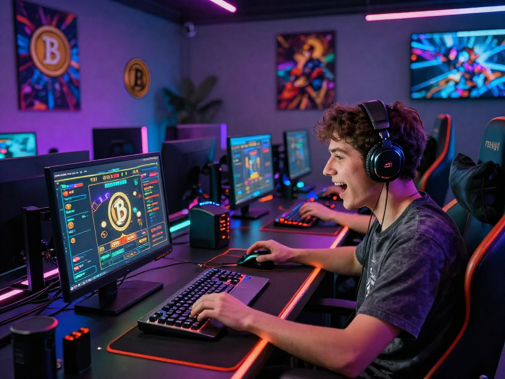 Exciting crypto casino gaming scene with a player, vibrant lighting, and digital screens