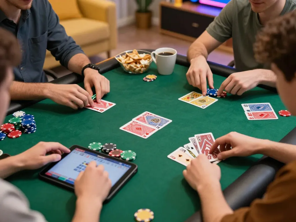 Engaged player enjoying poker on Go99 while snacking in a cozy home setting.
