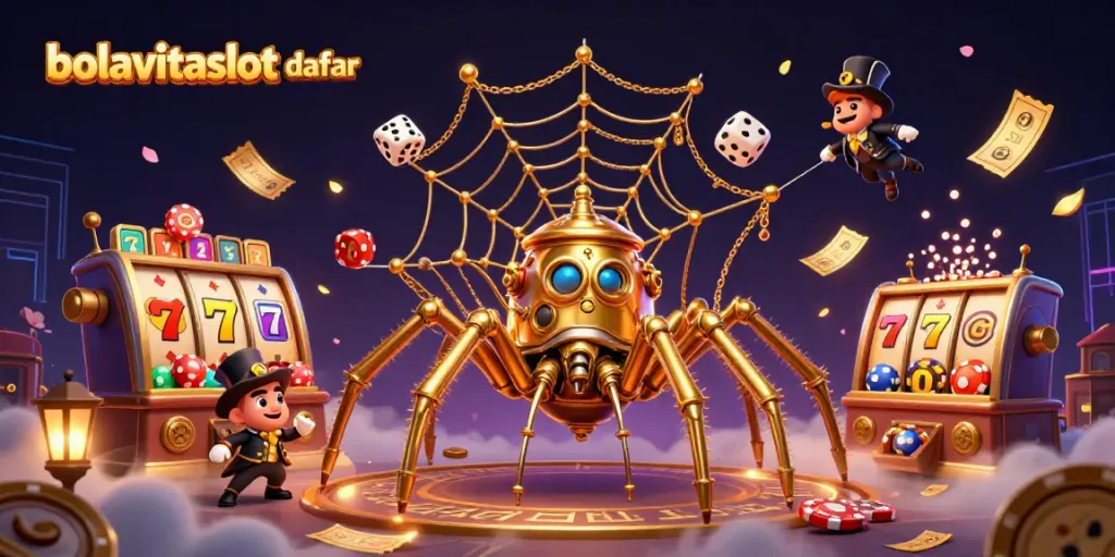 Engage with bolavitaslot daftar featuring an intricate golden spider web capturing dice amidst vibrant casino elements.