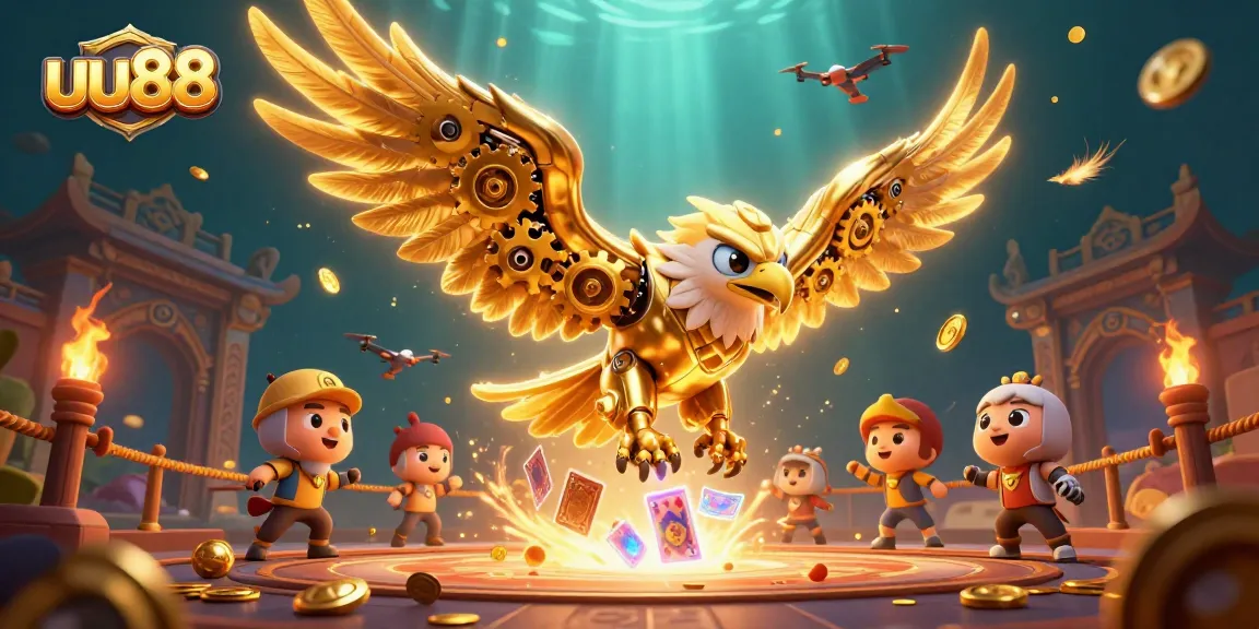 Experience the thrill of uu88 with a cybernetic eagle flying through vibrant holographic cards.