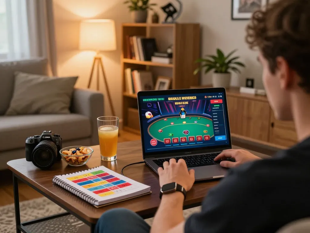 F8BET player engaging with online casino game on laptop in cozy living room.