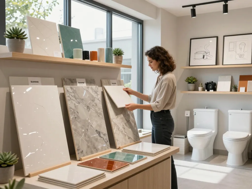 Sunvin ceramics showcase featuring elegant tiles and sanitary ware in a stylish showroom.