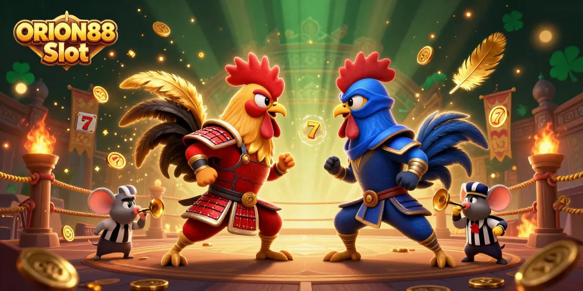 Experience thrilling action with ORION88 Slot featuring fighting roosters and dynamic slot elements.