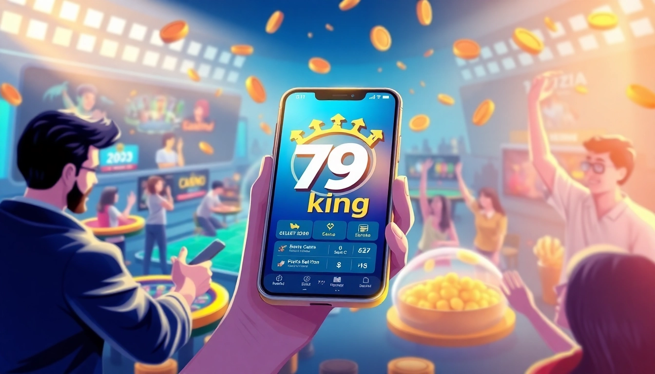 Captivating scene of enthusiastic players enjoying the 79king online gaming platform, showcasing mobile app interface.