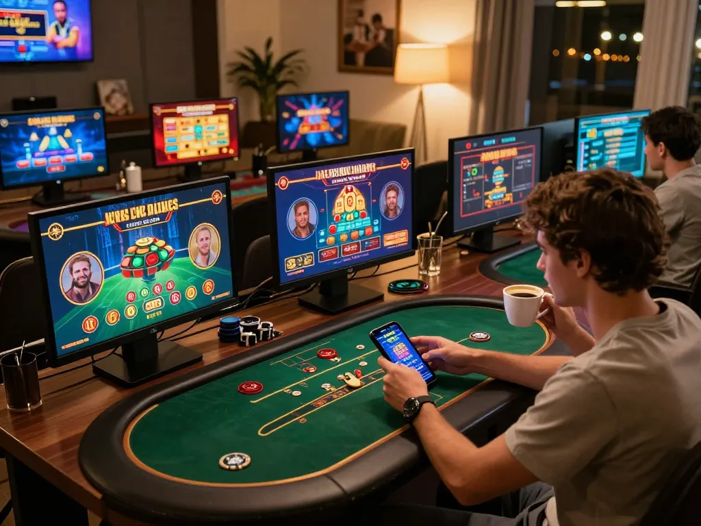 Engaging in online gaming at home with iwin casino app displayed on multiple screens, emphasizing strategic play.