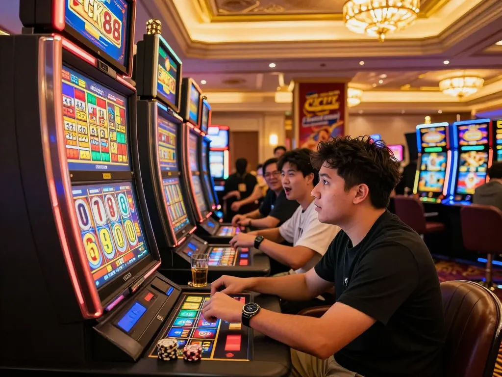 Engaging scene at https://lucky88.tips/ showcasing a player at a Lucky 88 slot machine in an electrifying casino atmosphere.