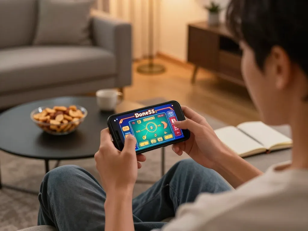 Player enjoying done55 app on smartphone in cozy home setting with game graphics.