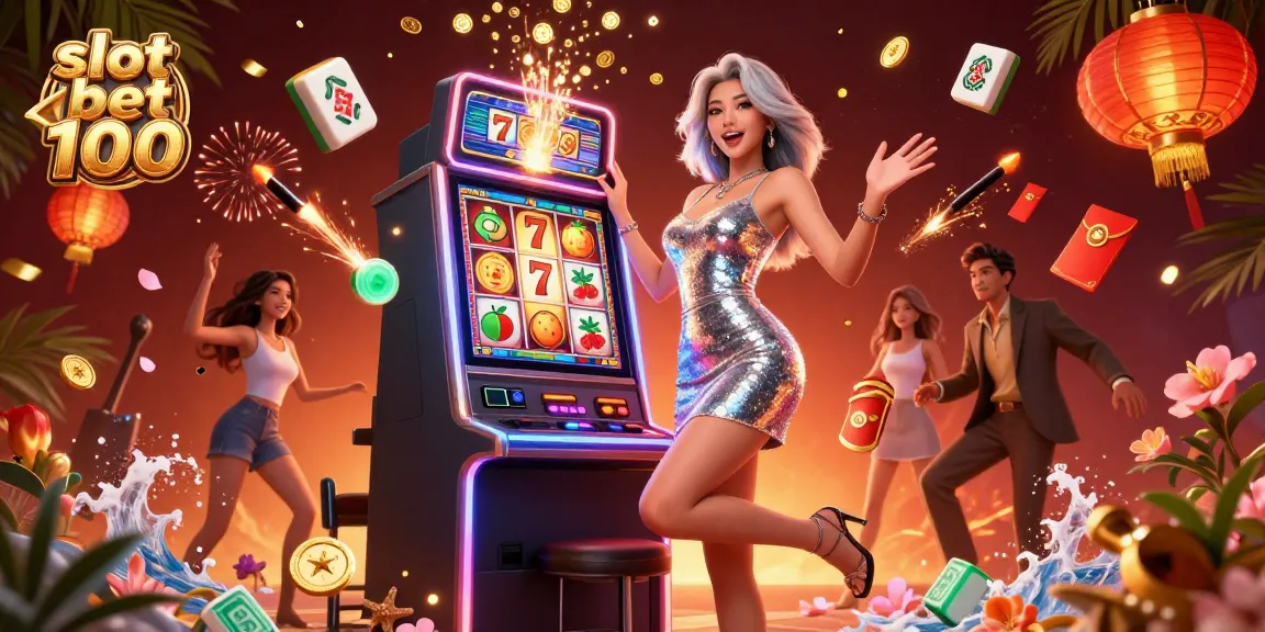 Celebrating a big win with slot bet 100, a joyful Asian woman surrounded by casino elements.