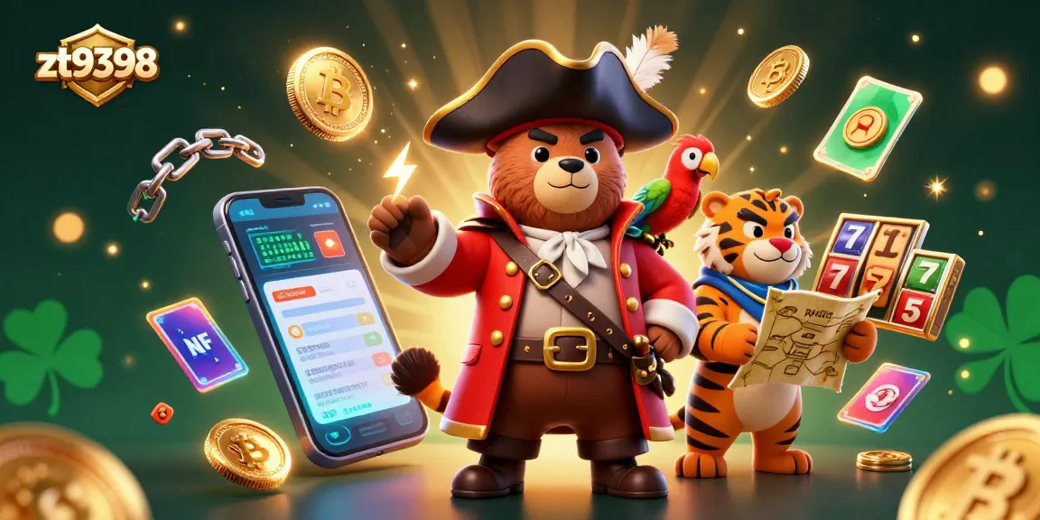 Engage with zt9398 as a cartoon pirate bear explores thrilling slot adventures with a vibrant casino backdrop.