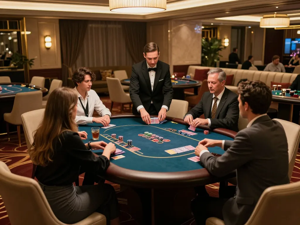 iWin players engaging in a high-stakes poker game in an upscale casino setting, showcasing luxury gaming.