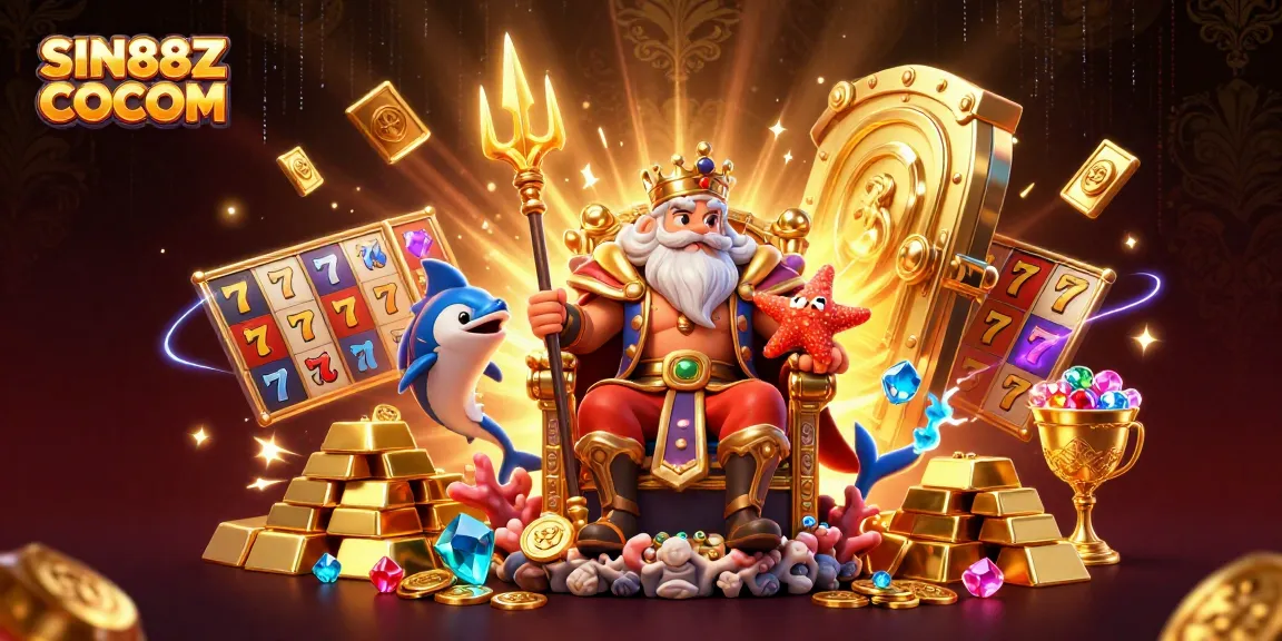 Engage with SIN88Z COCOM's thrilling slot adventure featuring Neptune amidst treasure and vibrant casino elements.