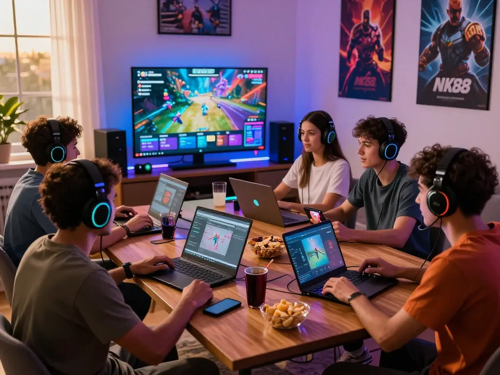 Friends enjoying competitive online gaming on nk88.com in a cozy living room setting.