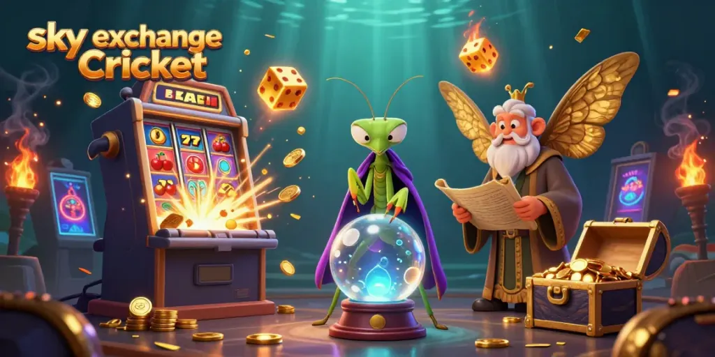 Engage with sky exchange Cricket as a lucky mantis fortune teller unveils winning secrets in a vibrant casino scene.