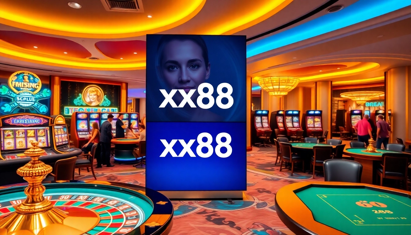 Dynamic scene showcasing gamblers at the xx88 casino, enjoying roulette and poker games.