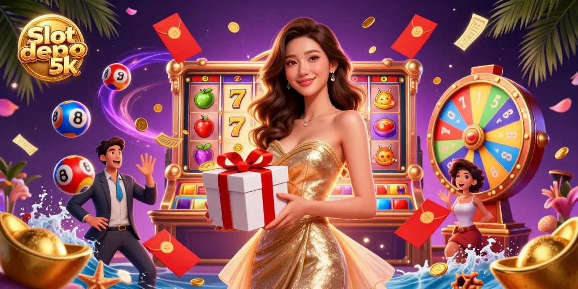 Experience thrilling Slot depo 5k action in a vibrant, festive casino scene filled with joyful elements.
