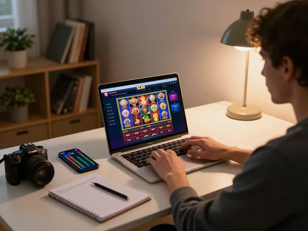 Engaging in SC88 casino gameplay on a laptop, showcasing online slot interfaces and strategic notes