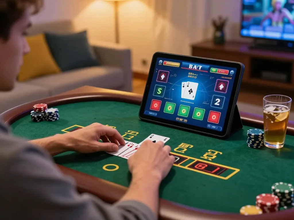 Player enjoying F8bet blackjack on a tablet, showcasing an engaging online gambling atmosphere.