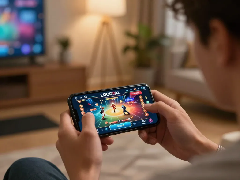 Engaging with LGOGOAL casino app in an elegant home setting during an online gaming session