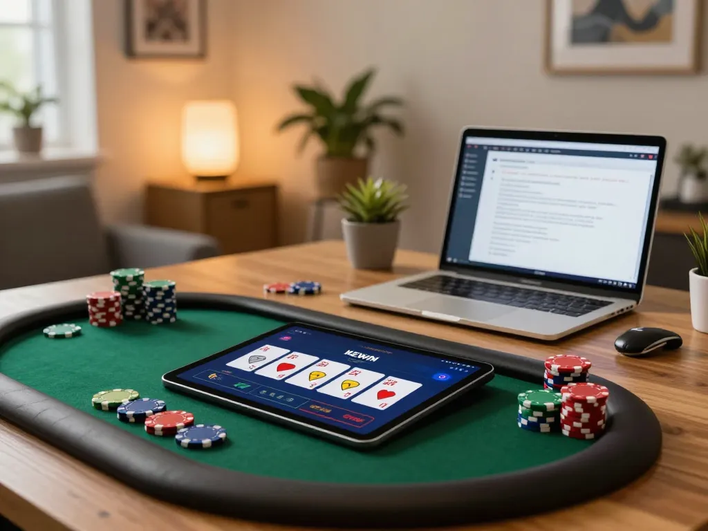 Kuwin app interface showcases poker gameplay with colorful chips in a cozy home setting