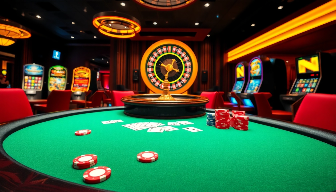 Exciting juragan77 gaming night with poker table and vibrant casino elements.