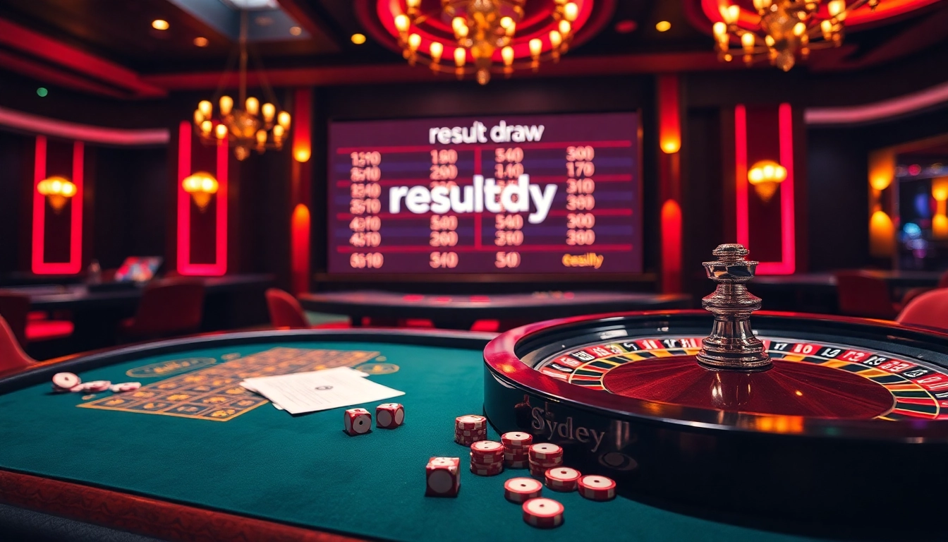 Catch the excitement of result sdy with a vibrant live lottery draw scene in a luxurious casino.