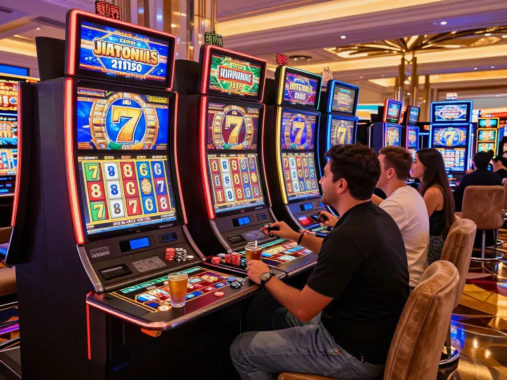 Exciting Lucky777 casino scene with players at slot machines celebrating wins.