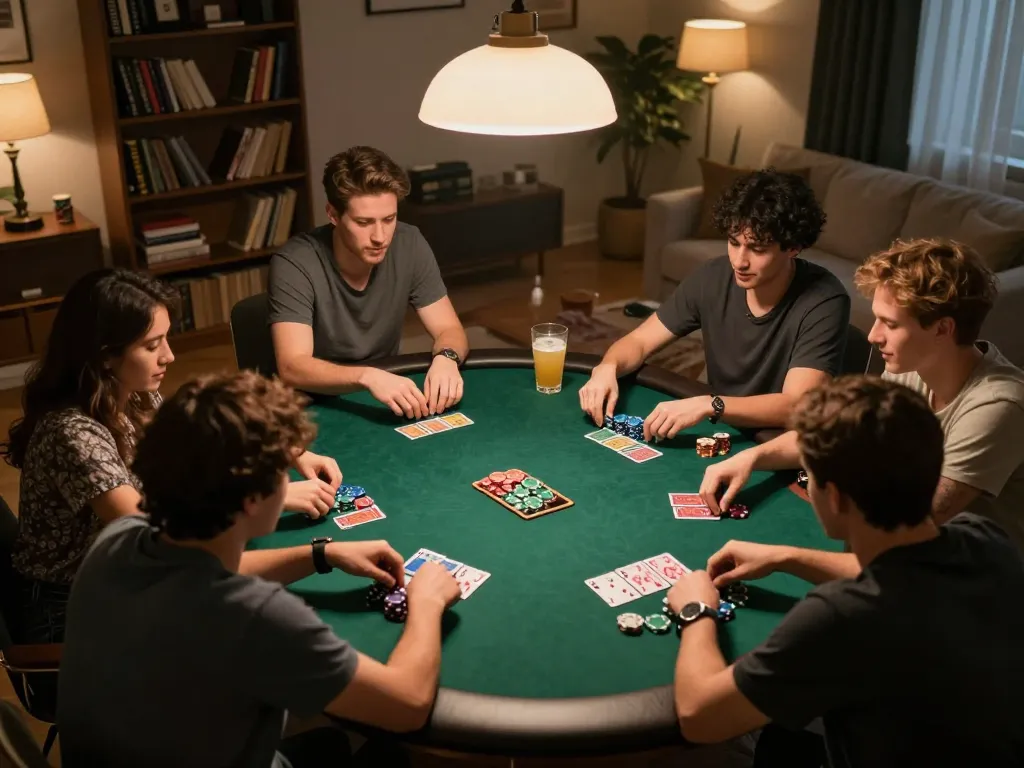 Pemain yang terlibat menikmati permainan poker strategis di malam hari di rumah dengan AGCWIN sebagai tuan rumah, menciptakan suasana sosial dan kompetitif.