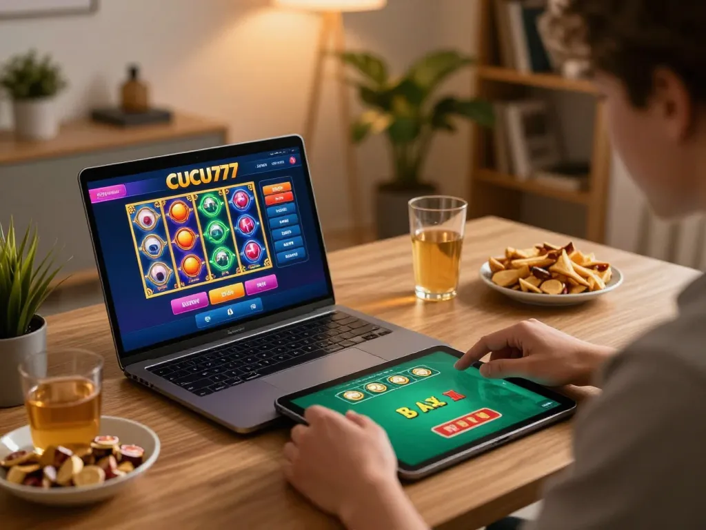 Engaging online gaming scene at CUCU777 with a player exploring slot options on a laptop.