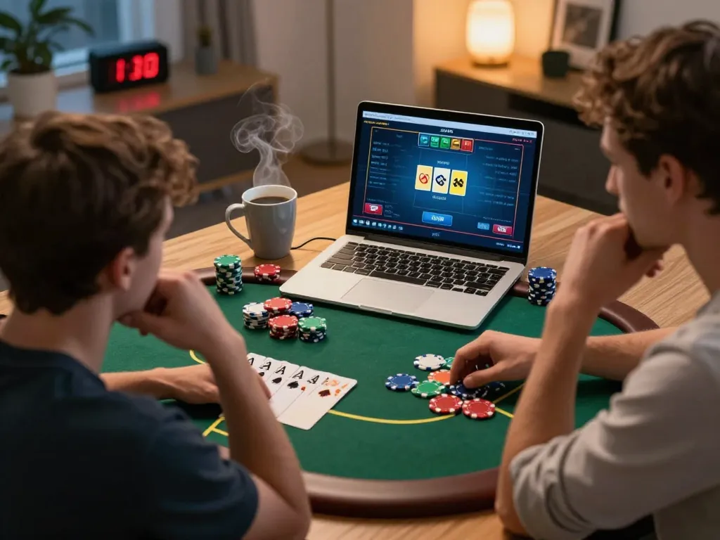 Players engage in intense gameplay on https://rr88.navy/ laptop, surrounded by poker chips and strategic notes.