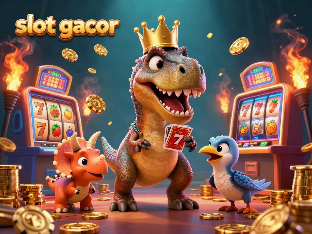Slot gacor menampilkan T-Rex bermain kartu di kasino dengan chip emas dan mesin slot yang bersinar.