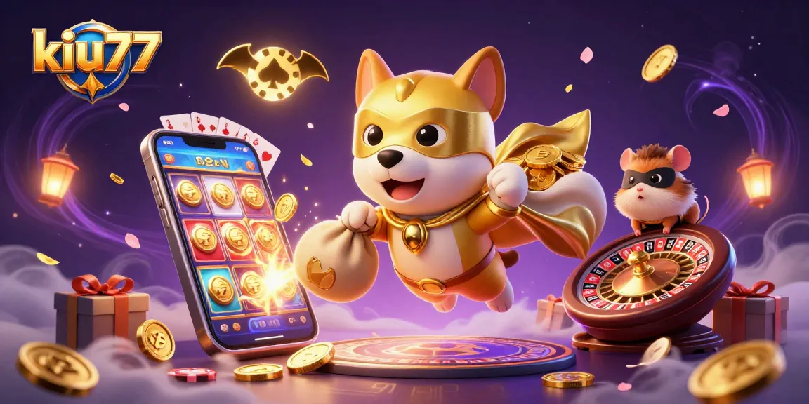Join the action at kiu77 with a superhero dog and hamster battling for gold coins in this dynamic casino scene.