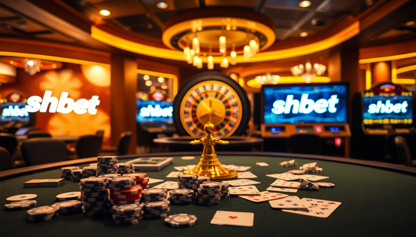 Engaging scene of shbet casino with poker chips, cards, and a roulette wheel, showcasing excitement.