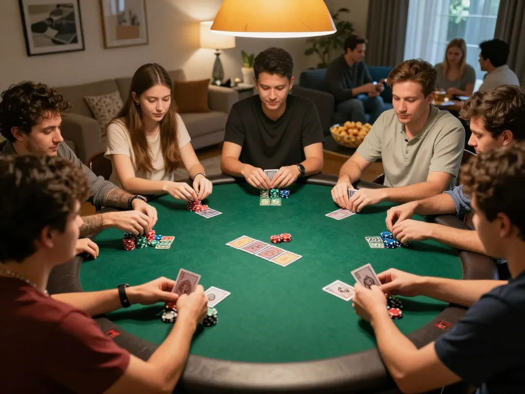 Players engaged in a strategic poker game during a home night, showcasing the dynamic excitement of patok bet.