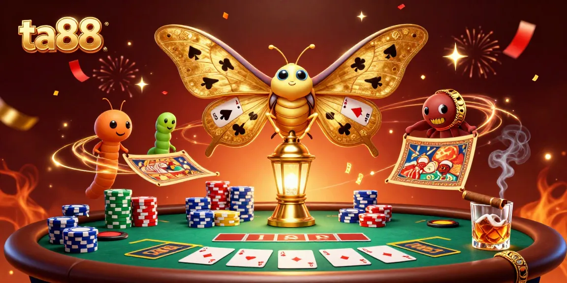Engage in thrilling casino action with ta88, featuring vibrant poker elements and a majestic moth.